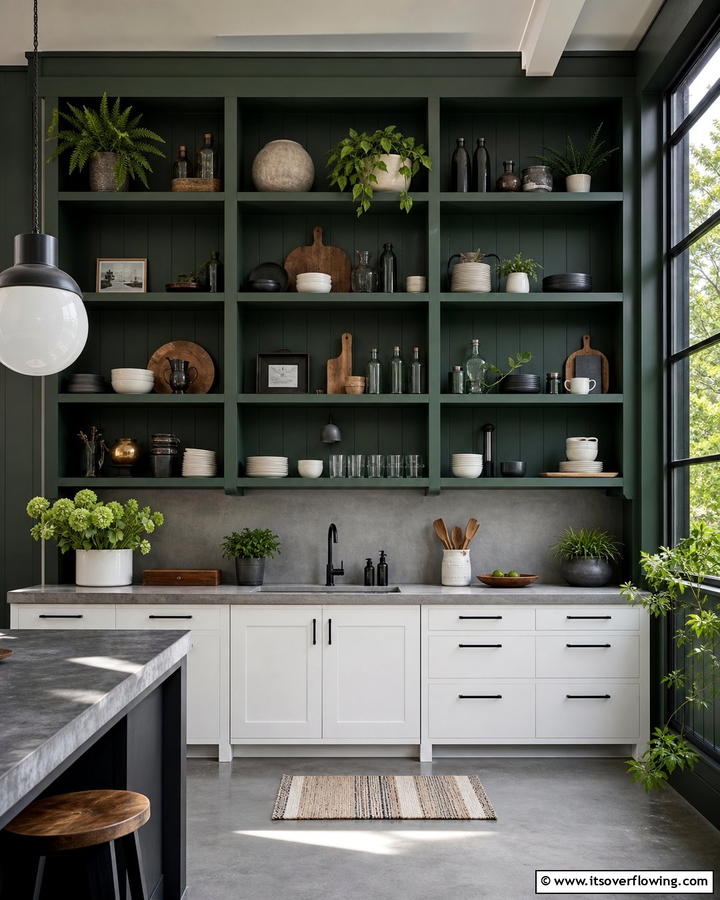 Open Shelving in Dark Green - 21 Dark Green Kitchen Ideas for Bold Cabinetry