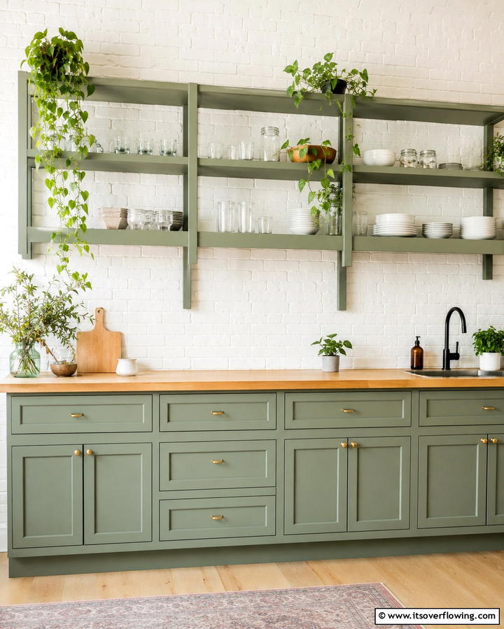 Open Shelving in Sage Green - 25 Sage Green Kitchen Ideas for a Fresh and Inviting Space