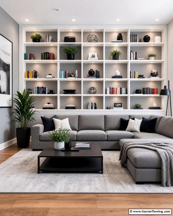 Open Shelving in a Gray Lounge - 21 Gray Living Room Ideas to Elevate Neutral Decor