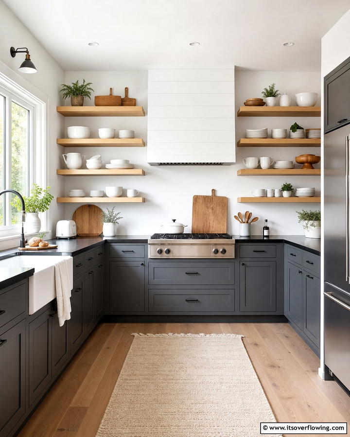 Open Shelving to Contrast with Gray Cabinets - 25 Kitchen Ideas with Gray Cabinets and Black Countertops