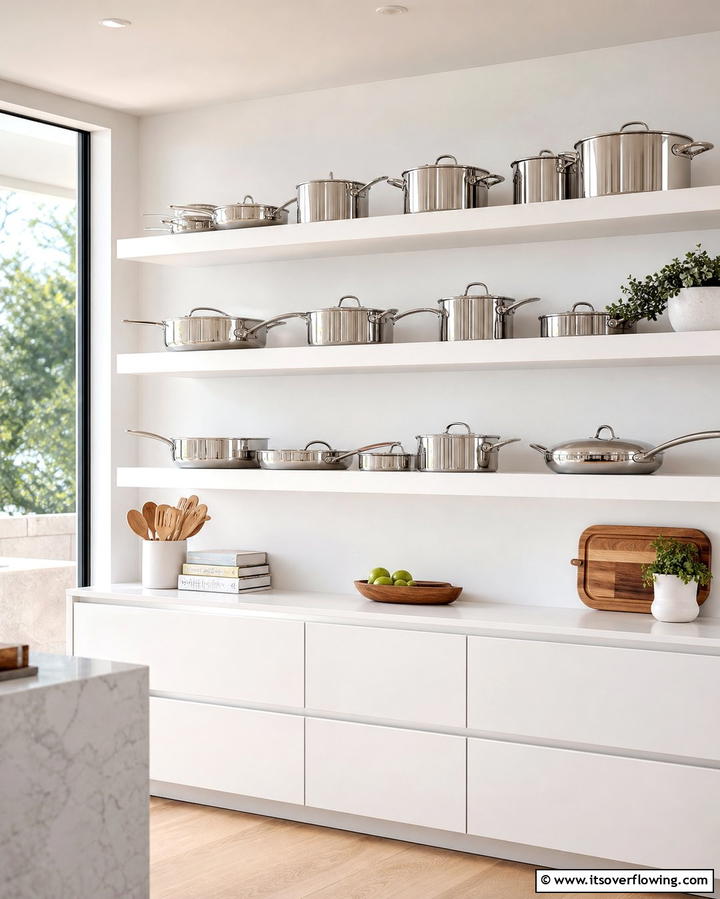 Open Shelving to Showcase Stainless Steel Cookware - 25 White Kitchen with Stainless Steel Appliances Ideas