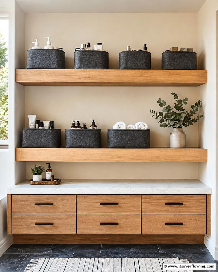 Open Shelving with Baskets - 25 Over Toilet Storage Ideas for Small Bathrooms