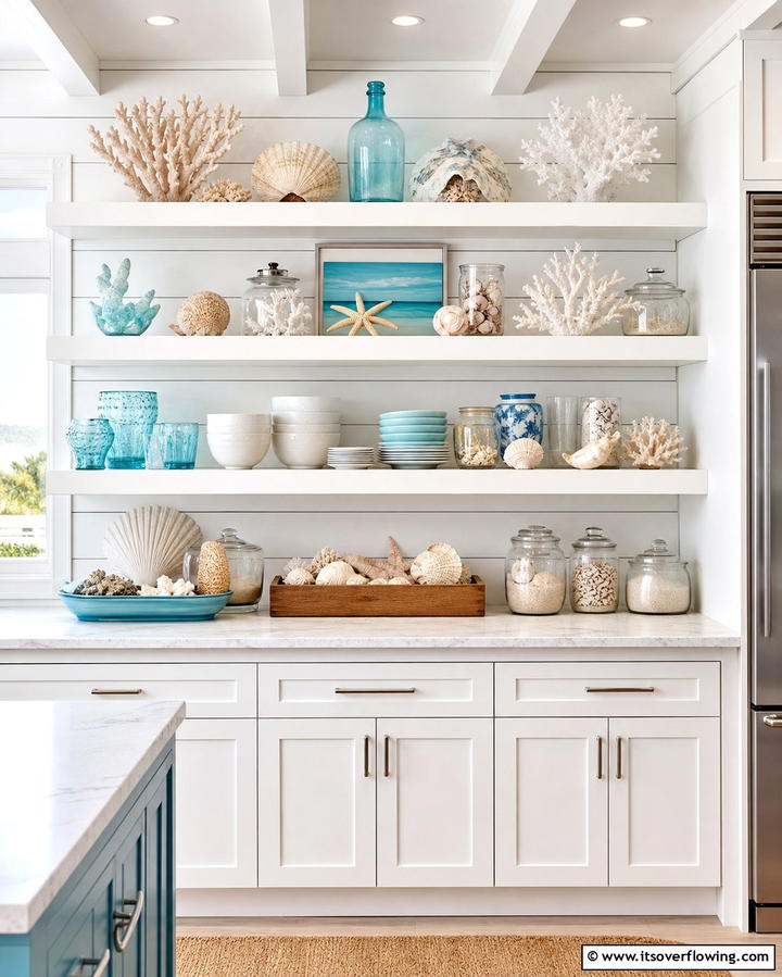 Open Shelving with Beach Inspired Decor - 25 Coastal Kitchen Ideas for a Beach-Inspired Look