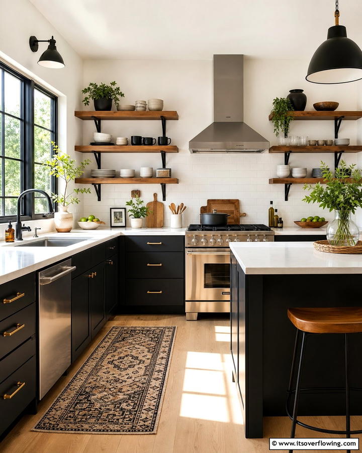 Open Shelving with Black Brackets - 25 Black and Brown Kitchen Ideas for a Bold Look