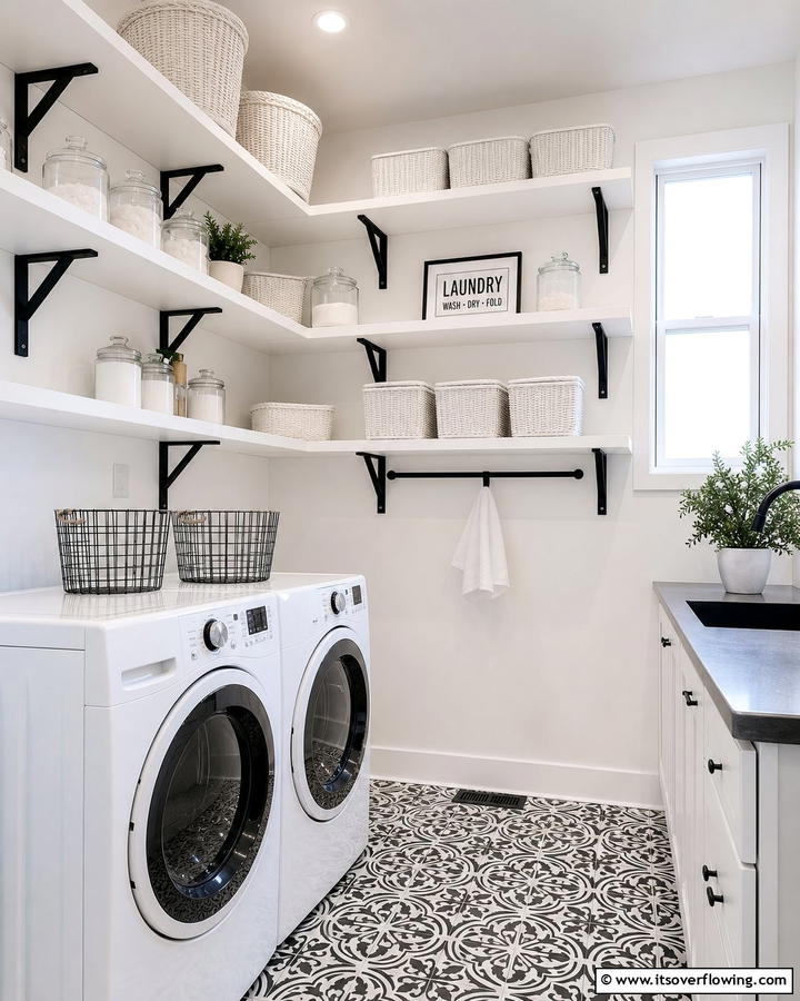 Open Shelving with Black Brackets - 20 Black and White Laundry Room Ideas for Style