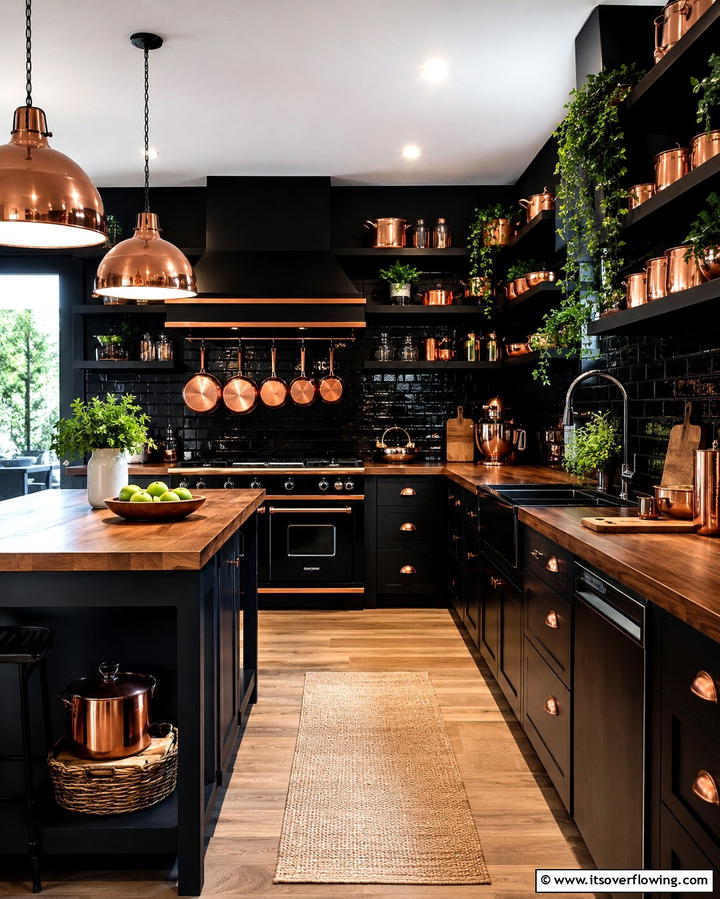 Open Shelving with Black and Copper Elements - 25 Black and Copper Kitchen Ideas for a Bold Look