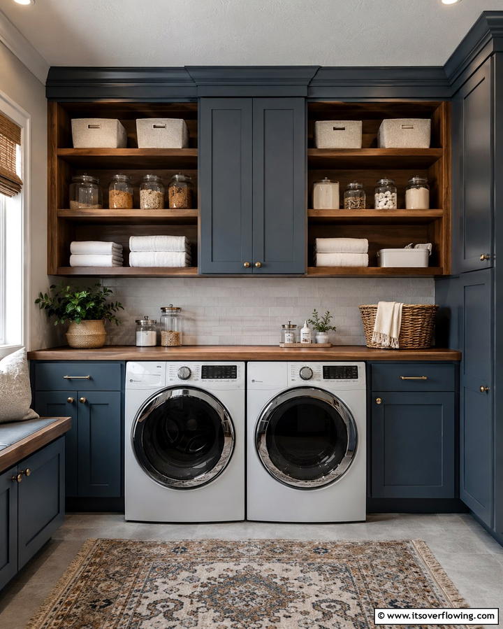 Open Shelving with Cabinets for Versatile Storage - 25 Laundry Room Cabinet Ideas for Organization