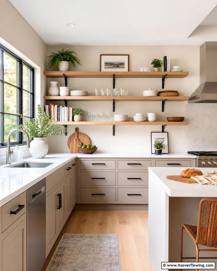 Open Shelving with Cashmere Accents - 20 Luxurious Cashmere Kitchen Ideas for a Cozy Feel