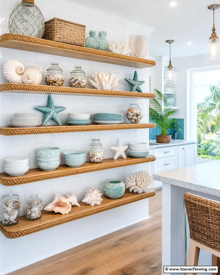 Open Shelving with Coastal Decor - 25 Coastal Kitchen Ideas for a Beach-Inspired Look