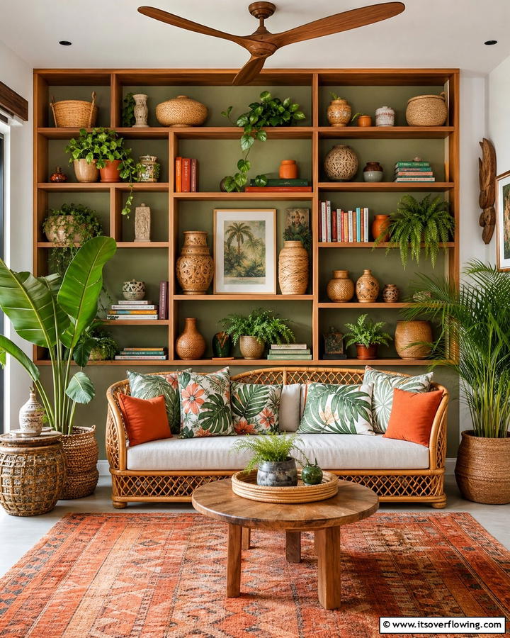 Open Shelving with Curated Decor - 20 Bohemian Tropical Decor Ideas for a Vibrant Home