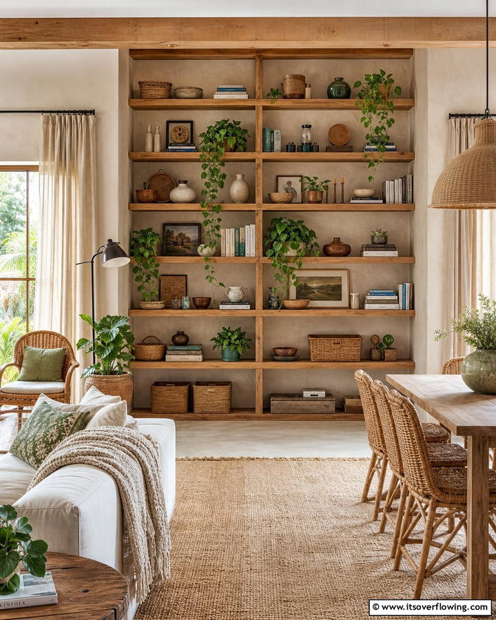 Open Shelving with Curated Displays - 20 Boho Cottage Style Decor Ideas for a Cozy Home