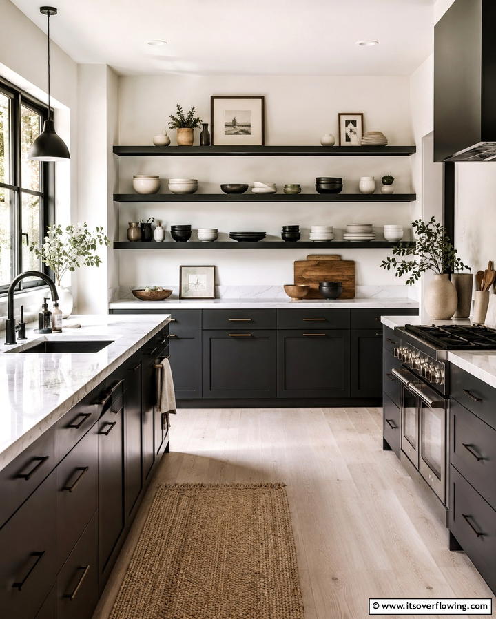Open Shelving with Dark Tones - 25 Dark Kitchen Ideas for a Bold and Modern Look