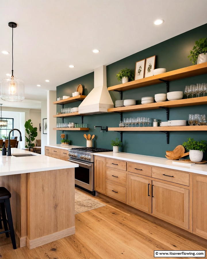 Open Shelving with Forest Green Background - 20 Forest Green Kitchen Ideas for a Bold and Vibrant Look