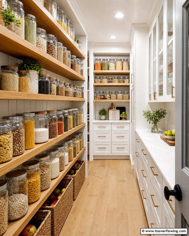 Open Shelving with Glass Jars for Pantry Items - 25 Open Shelving Kitchen Ideas for a Modern Look