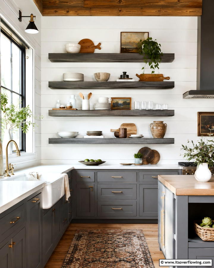 Open Shelving with Grey Accents - 25 Grey and White Kitchen Ideas for a Classic Look