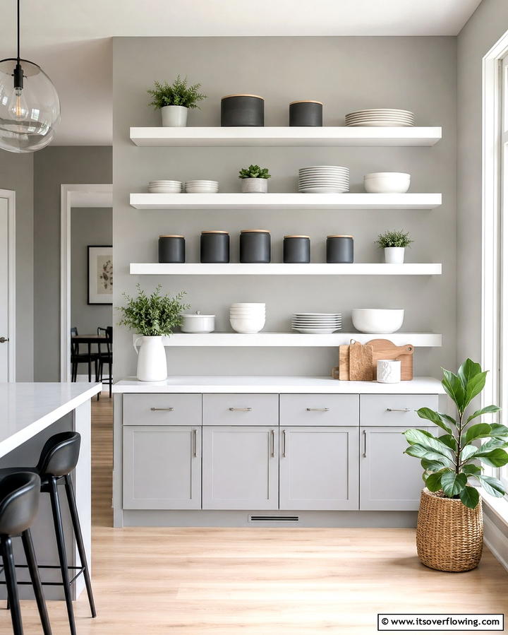 Open Shelving with Grey and White Accents - 25 Grey and White Kitchen Ideas for a Classic Look