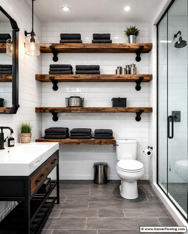 Open Shelving with Metal Brackets - 25 Industrial Bathroom Ideas for a Bold Look