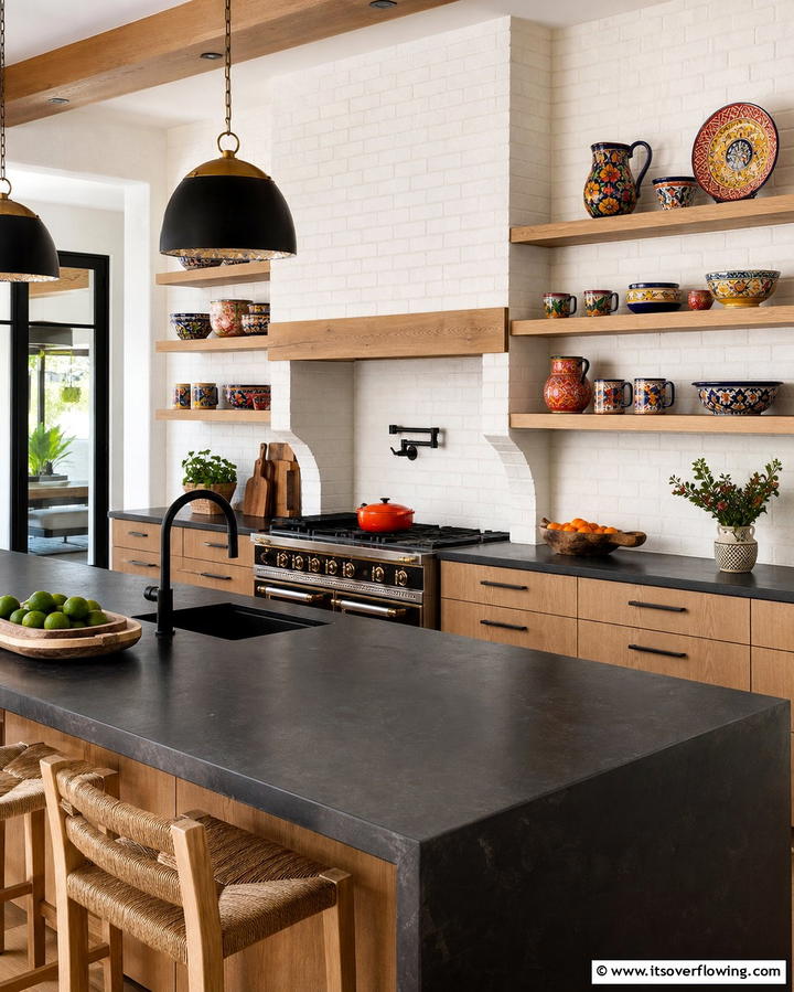 Open Shelving with Mexican Pottery - 25 Mexican Kitchen Ideas for a Vibrant and Authentic Space