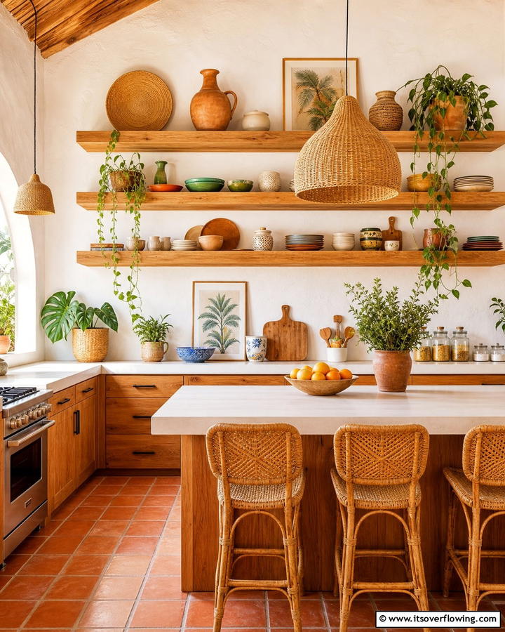 Open Shelving with Natural Wood - 25 Boho Kitchen Ideas for a Cozy and Eclectic Vibe