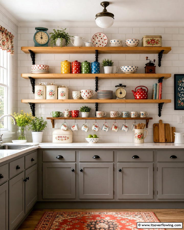 Open Shelving with Retro Dishware - 25 Retro Kitchen Ideas for a Vintage Vibe