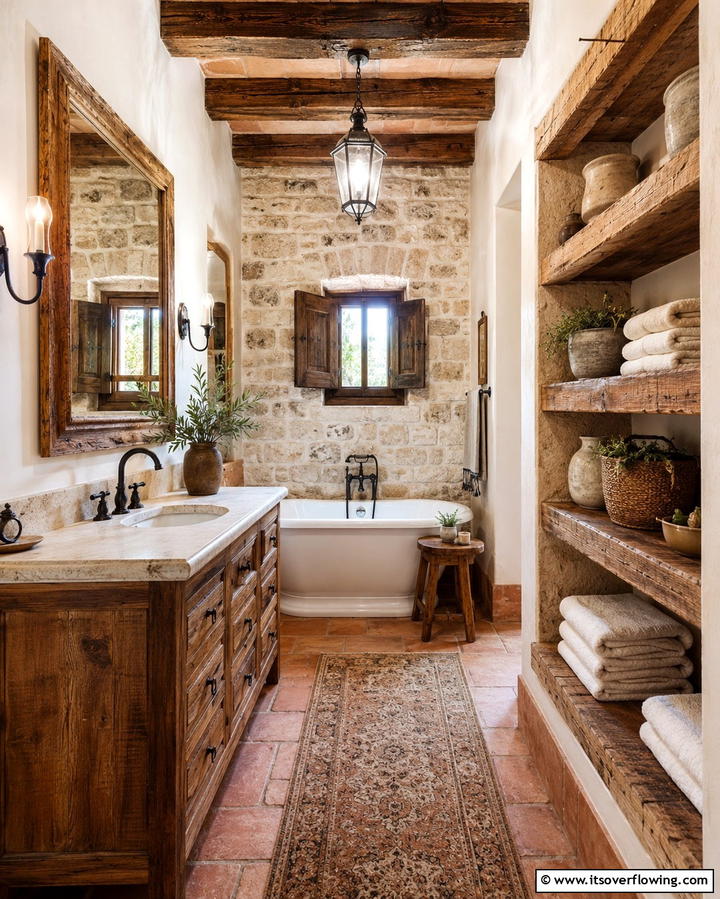 Open Shelving with Rustic Charm - 20 Tuscan Bathroom Ideas for a Rustic Retreat