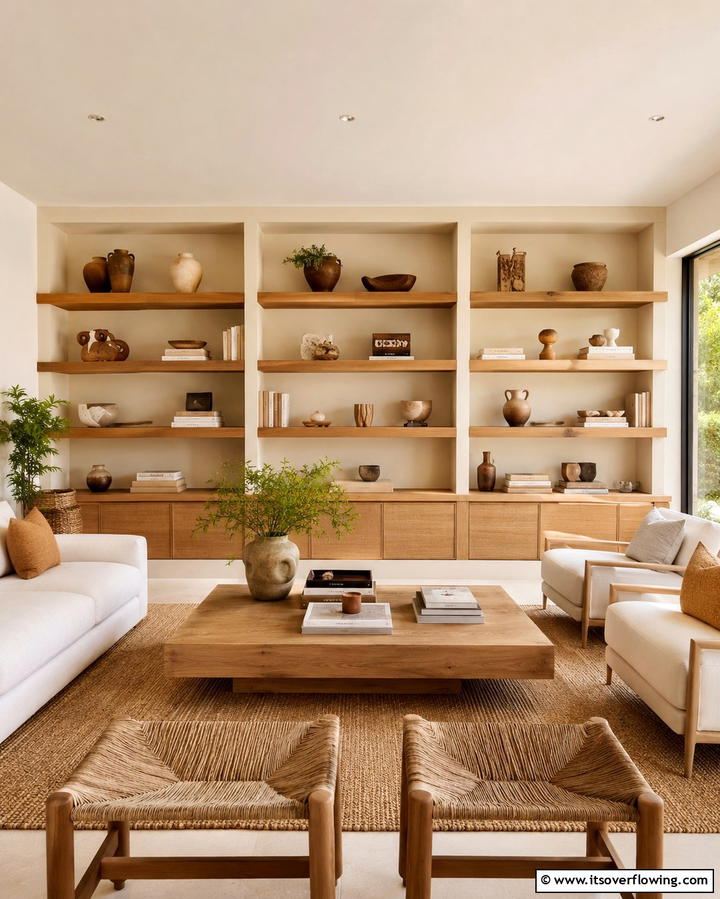 Open Shelving with Tan Decor - 25 Tan Living Room Ideas for a Serene Ambiance
