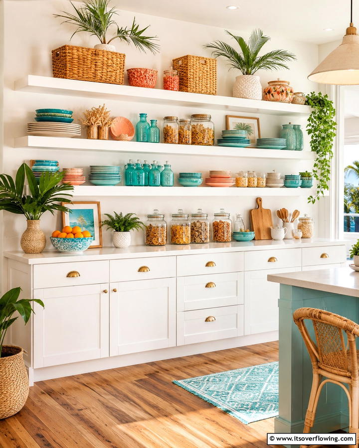 Open Shelving with Tropical Decor - 20 Tropical Kitchen Ideas for a Vibrant Look