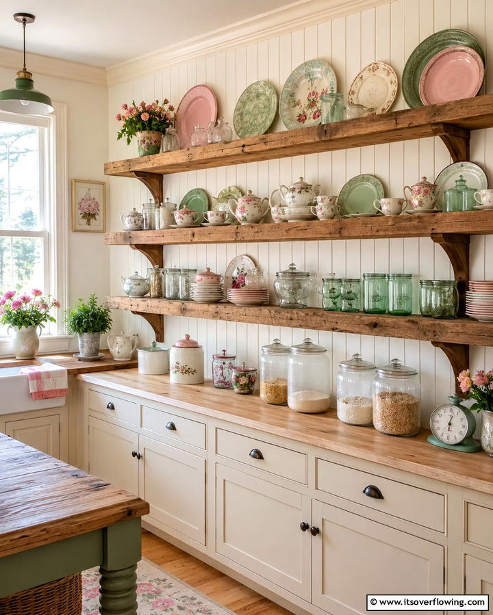Open Shelving with Vintage Dishware - 25 Vintage Kitchen Ideas for a Classic Culinary Space