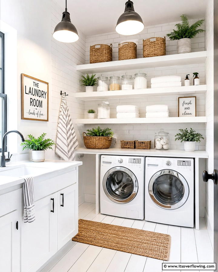 Open Shelving with White Accents - 20 White Laundry Room Ideas for a Clean and Bright Space