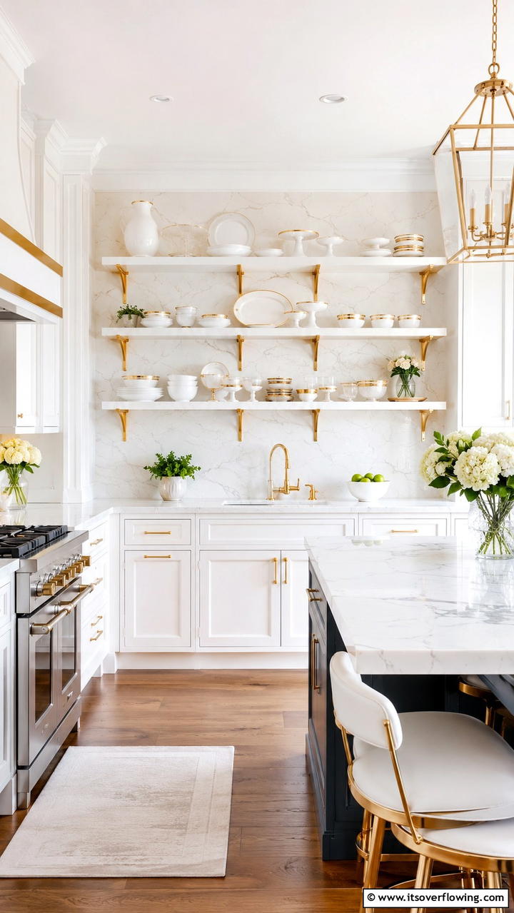 Open Shelving with White and Gold Charm - 21 White and Gold Kitchen Ideas for Timeless Elegance