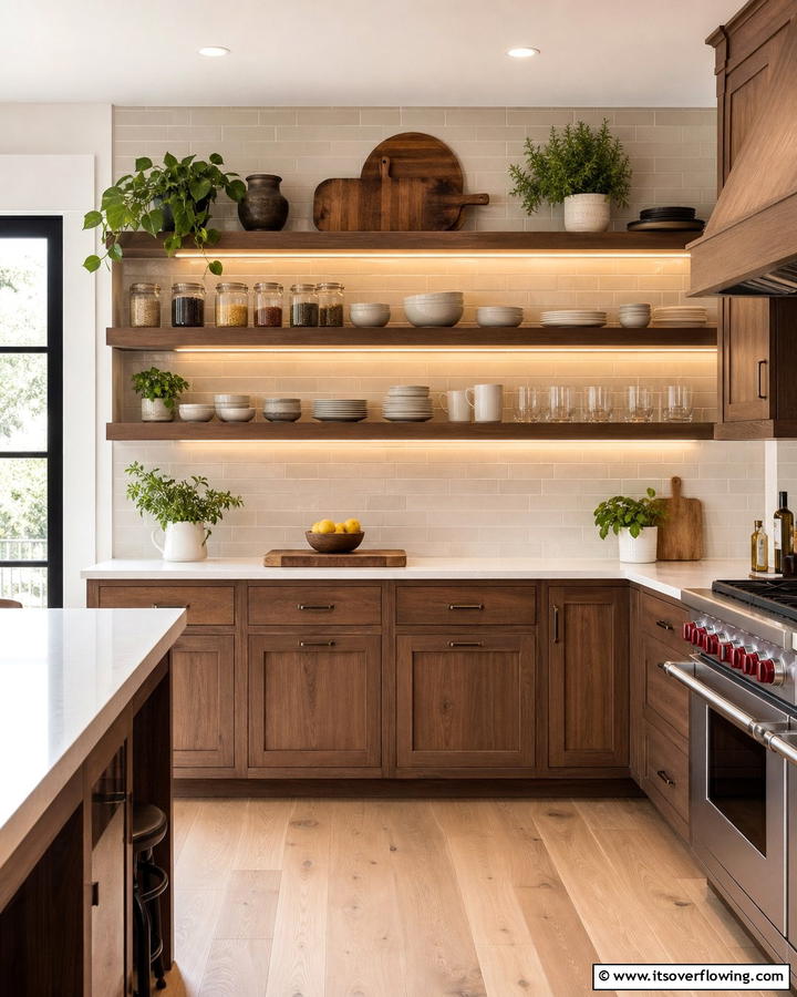 Open Shelving with Wooden Tones - 20 Brown Kitchen Ideas to Create a Cozy and Stylish Space