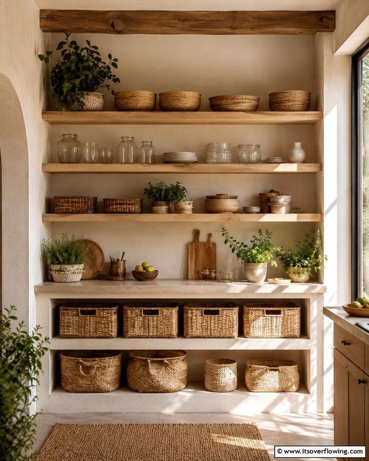 Open Shelving with Woven Baskets - 25 Open Pantry Ideas to Organize Your Kitchen