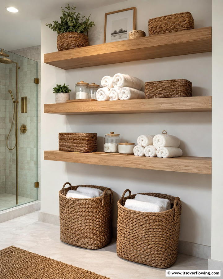 Open Shelving with Woven Baskets - 25 Tropical Bathroom Ideas for a Spa-like Retreat