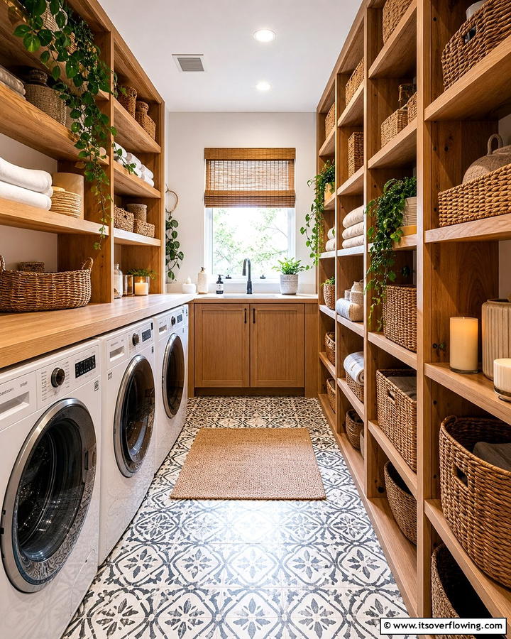 Open Shelving with Woven Baskets - 25 Boho Laundry Room Ideas for a Stylish and Functional Space