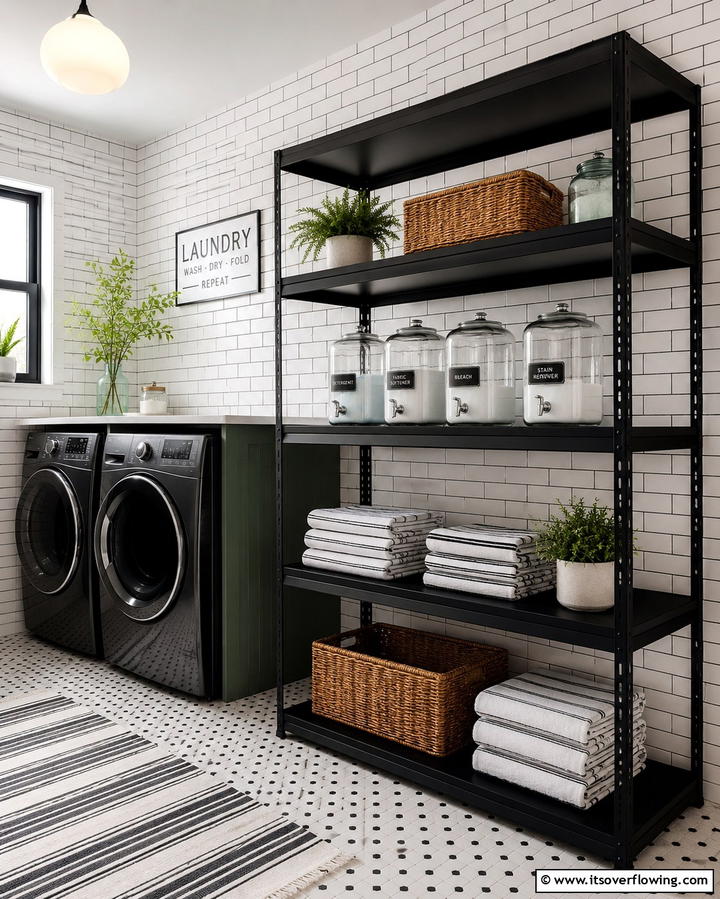 Open Shelving with a Black Finish - 30 Stylish Black Laundry Room Ideas for a Modern Utility Space
