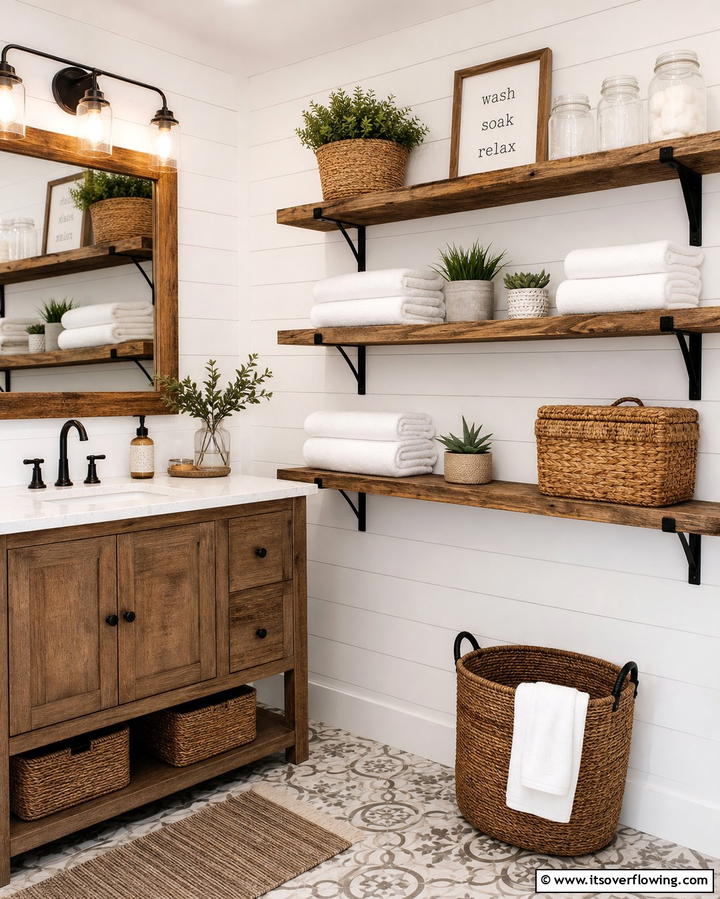 Open ShelvingExact - 25 Farmhouse Bathroom Ideas for a Rustic and Relaxing Retreat