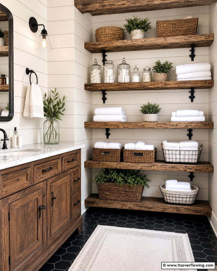 Open ShelvingOne - 25 Farmhouse Bathroom Ideas for a Rustic and Relaxing Retreat