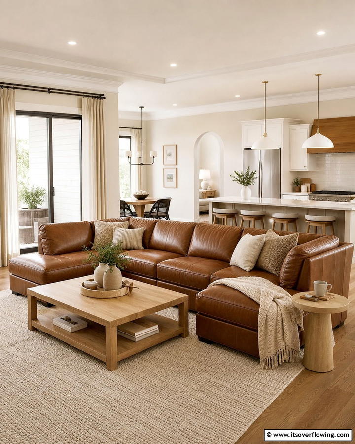 Open Space with Neutral Layers - 25 Brown Leather Couch Living Room Ideas