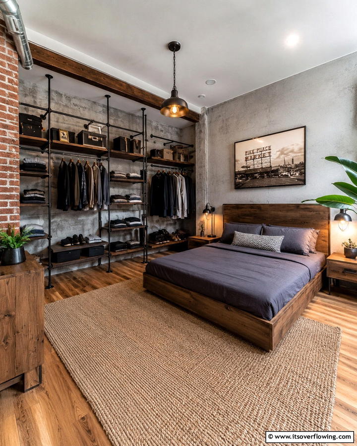 Open Wardrobes for Functional Style - 25 Industrial Bedroom Ideas- Urban & Stylish Designs