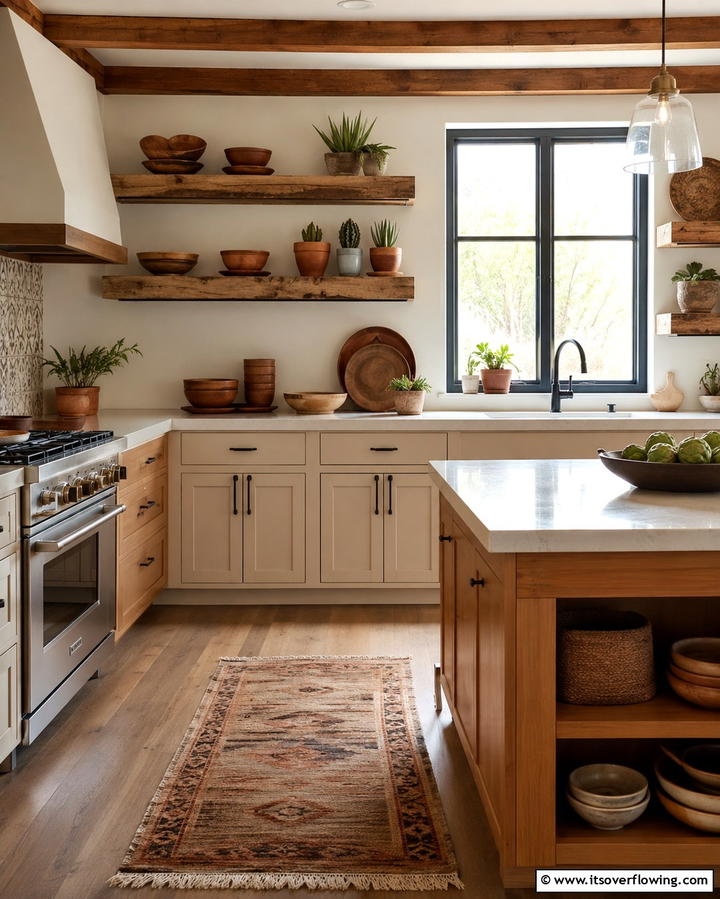 Open Wooden Shelving - 25 Southwestern Kitchen Ideas for a Warm Appeal