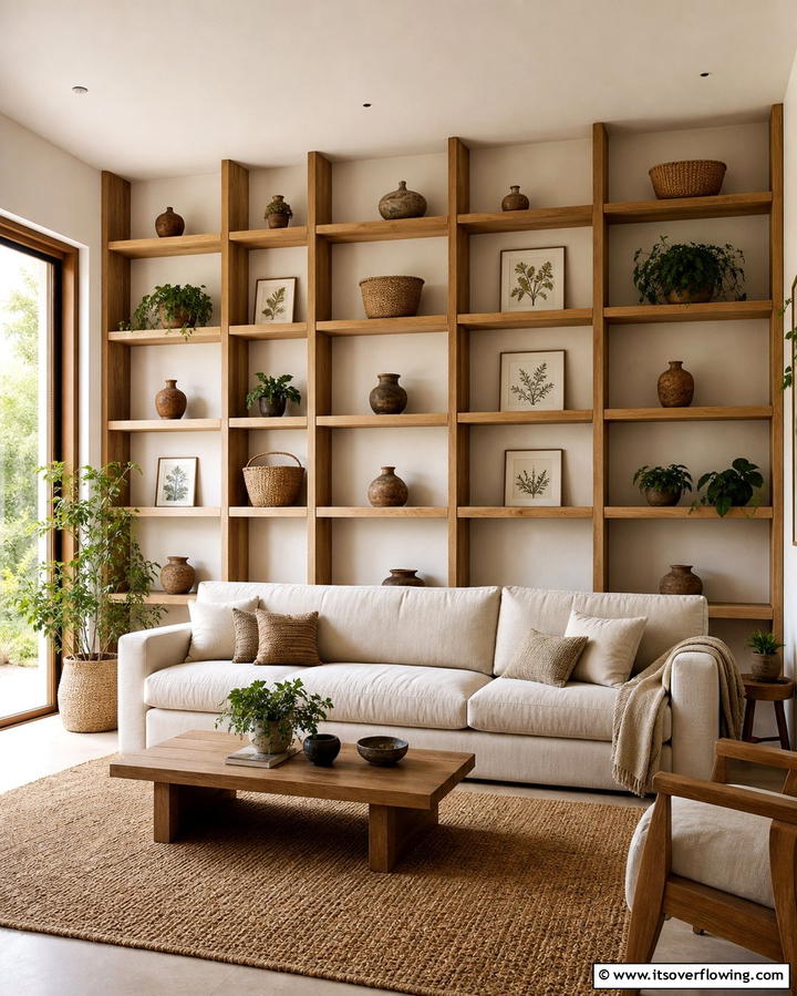 Opt for Minimalist Shelving - 25 Earthy Living Room Decor Ideas for a Cozy Ambiance