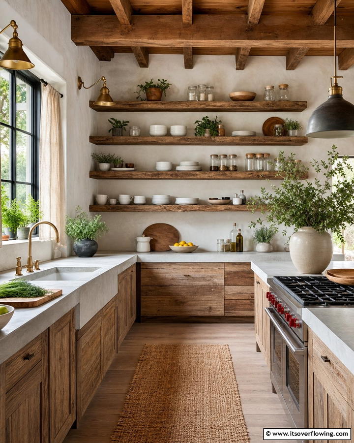 Opt for Open Shelving with Wooden Beams - 20 Natural Kitchen Design Ideas for a Warm Feel