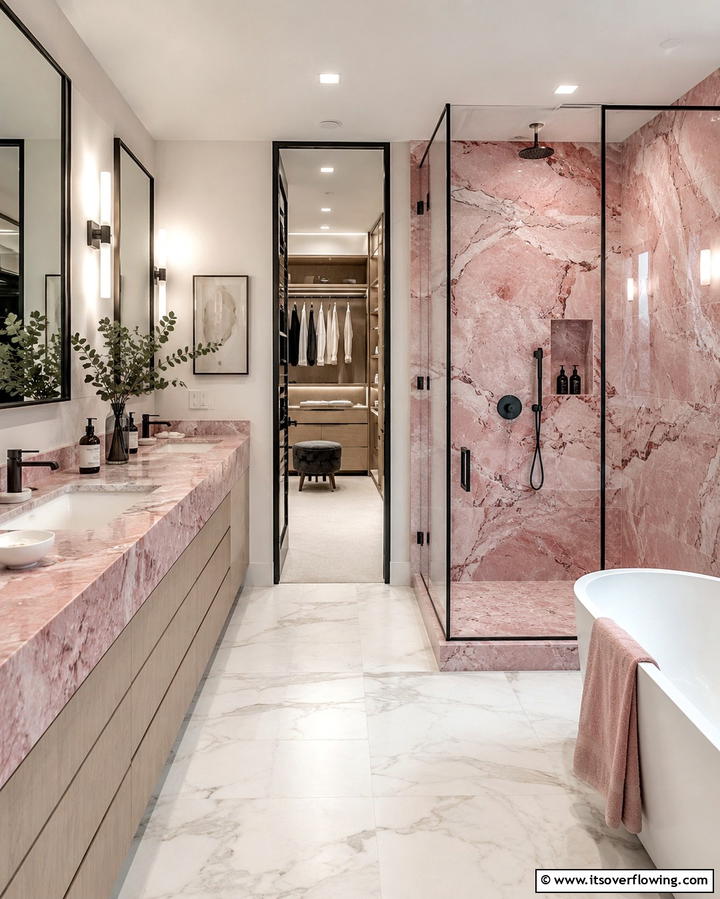 Opt for Pink Marble Accents with Black Details - 25 Pink and Black Bathroom Ideas for a Bold and Chic Look