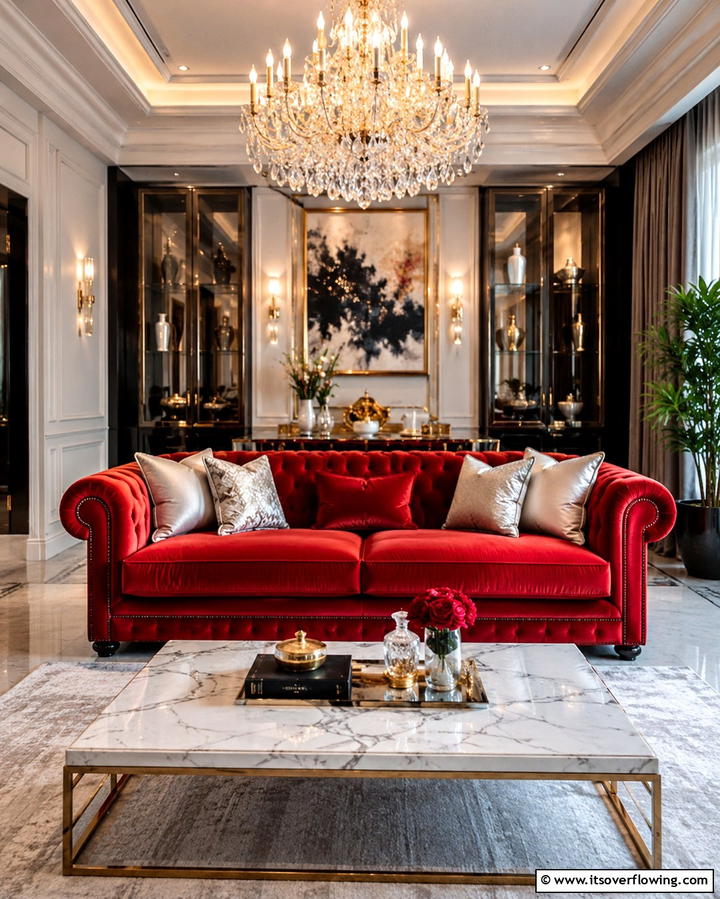 Opt for Velvet Texture - 25 Red Couch Living Room Ideas to Make a Statement