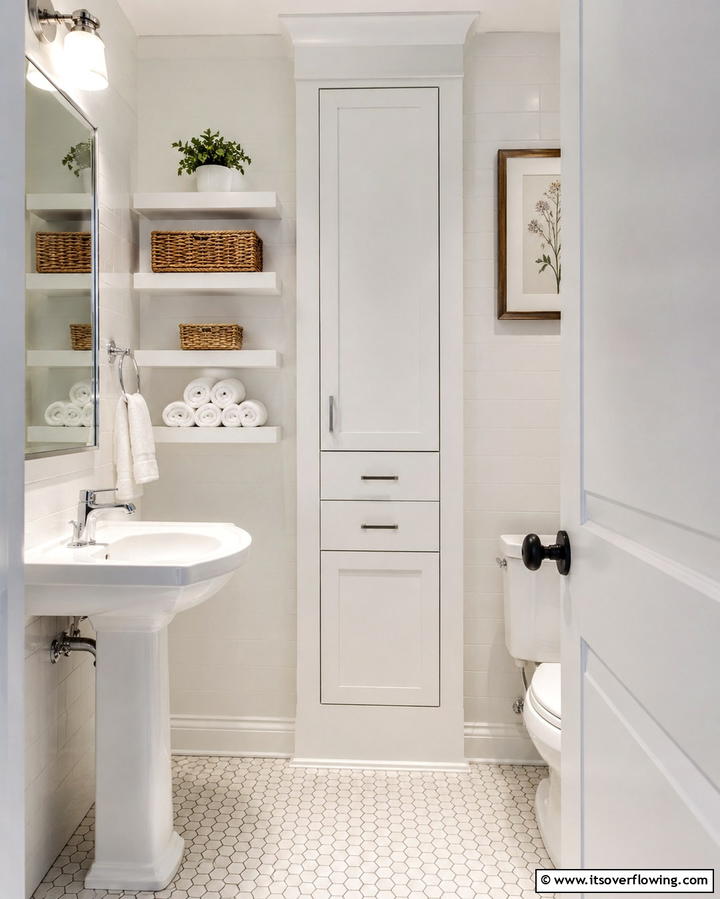 Opt for Vertical Storage Solutions - 30 Small White Bathroom Ideas to Brighten Compact Spaces