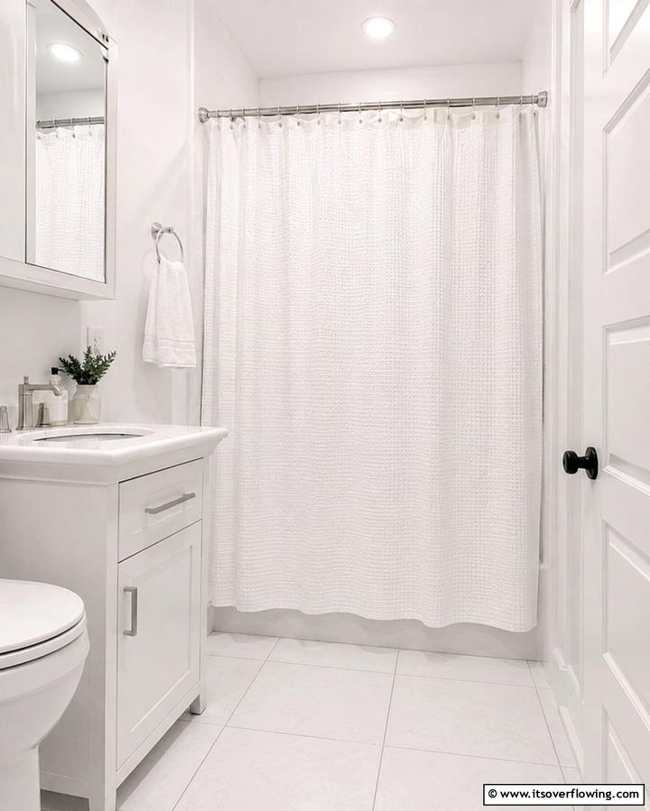 Opt for a Minimalist Shower Curtain - 30 Small White Bathroom Ideas to Brighten Compact Spaces