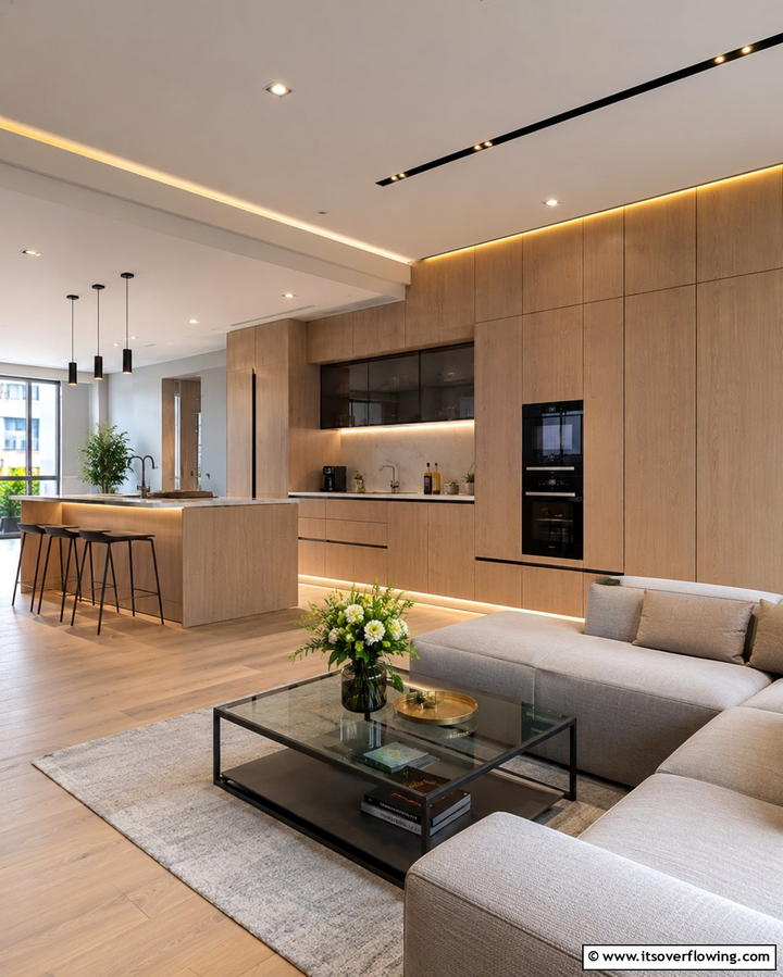 Opting for Built In Appliances - 25 Open Kitchen Living Room Ideas for a Spacious Feel