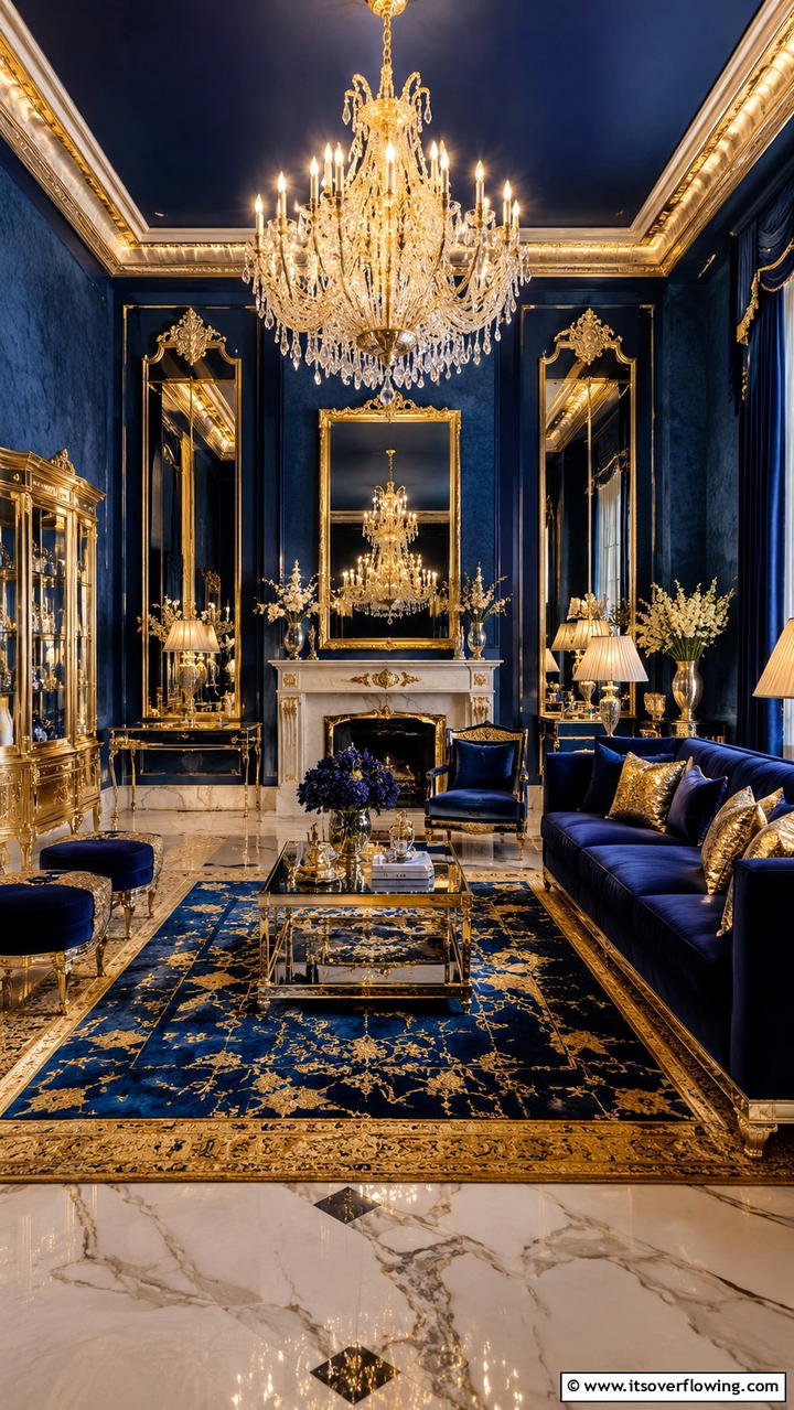 Opulent Blue Living with Gold Sparkle - 30 Stunning Blue and Gold Living Room Ideas for Elegant Spaces