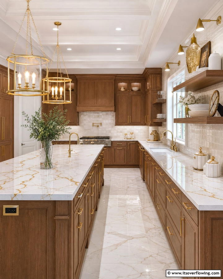 Opulent Gold Details - 30 Countertop Colors That Harmonize With Oak Cabinets