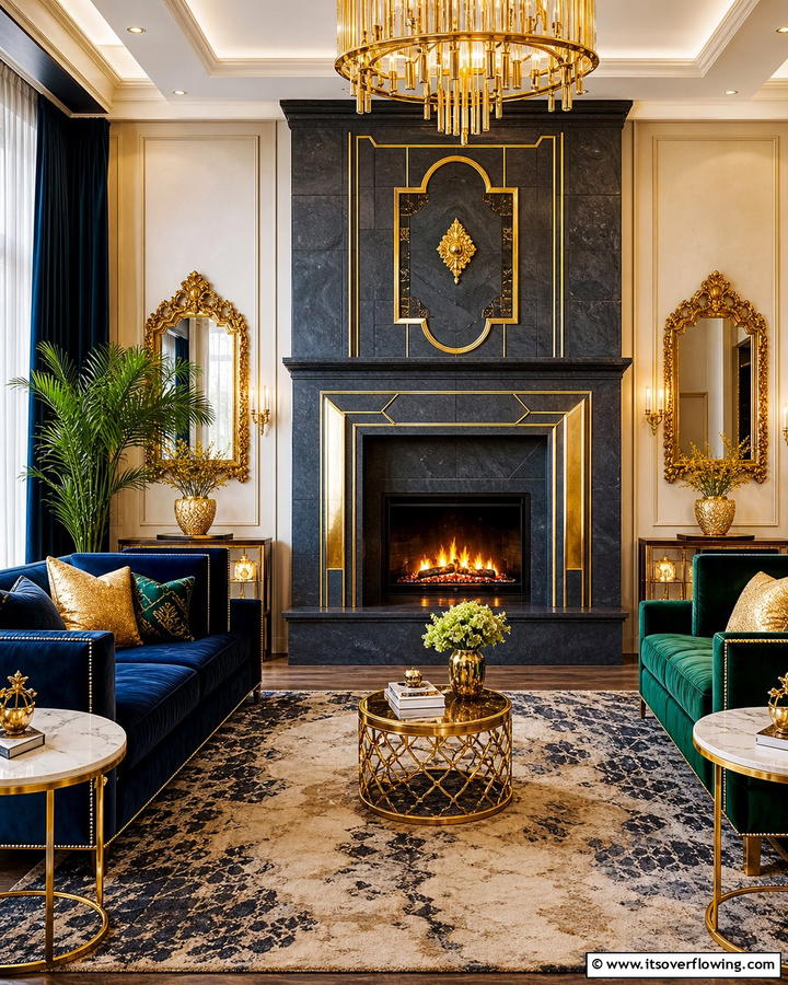 Opulent Gold Fusion - 21 Rustic Stone Fireplace Designs for Cozy Living Rooms